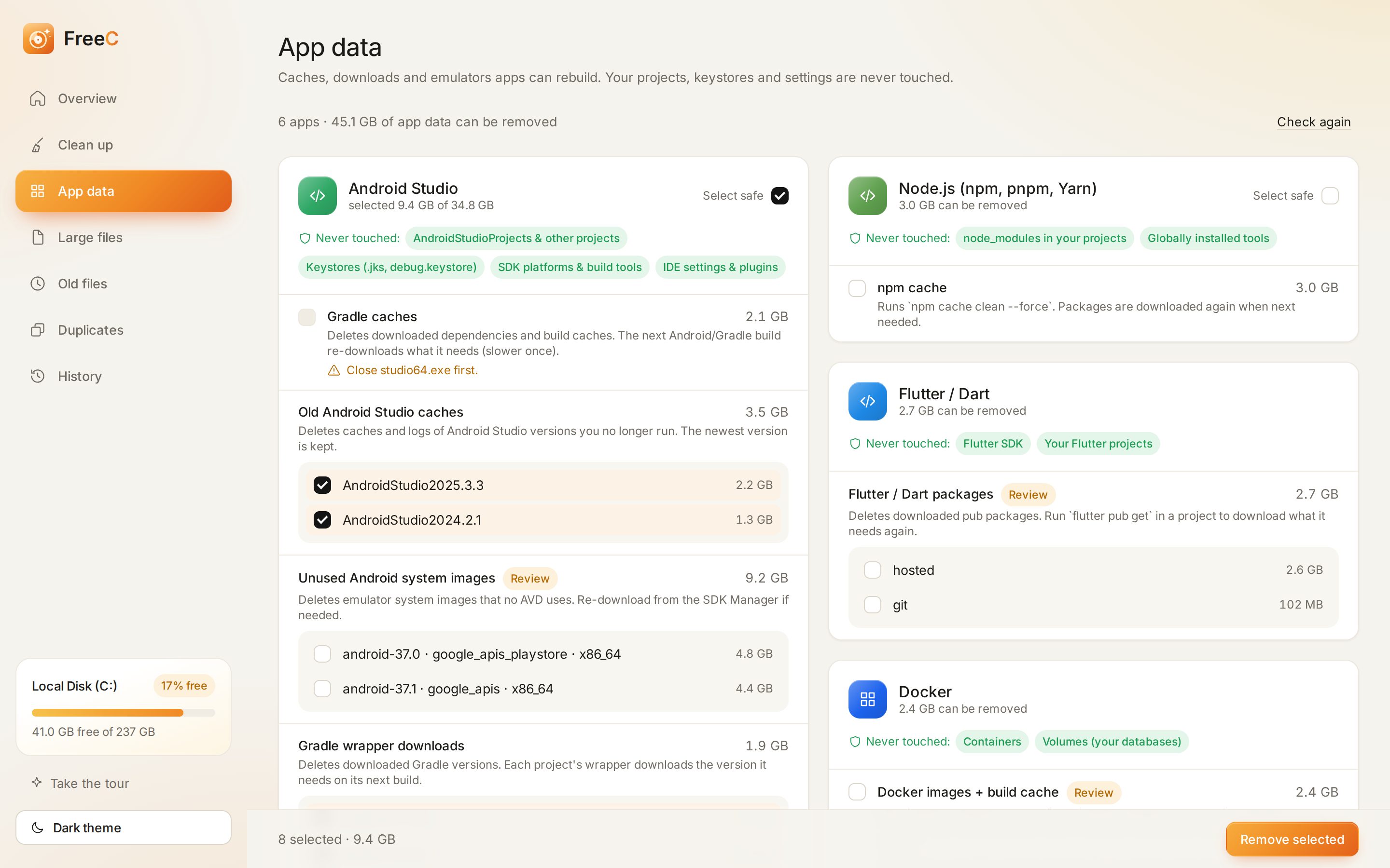 App data page listing Android Studio caches